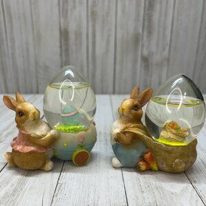 Vtg Pair Easter Bunnies Girl with Egg Boy with Carrot Water Globe Spring Decor